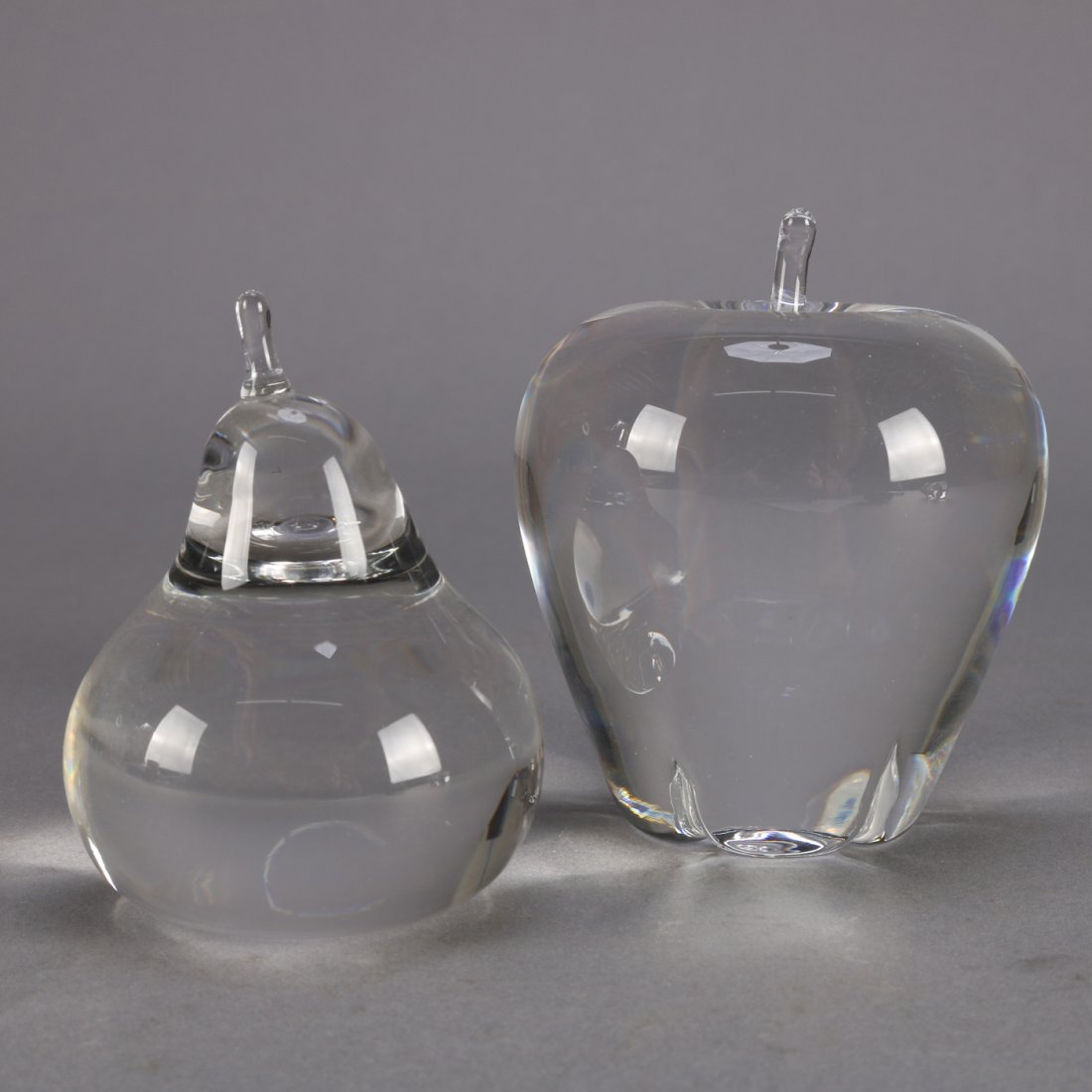 Steuben Crystal Fruit, Apple & Pear: Steuben art glass fruit, apple and pear, colorless, signed.***IN-HOUSE SHIPPING & DELIVERY QUICK QUOTES AVAILABLE UPON REQUEST***