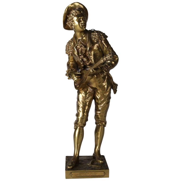 French Cast Bronze Sculpture "Figaro" after C. Anfrie: Italian cast bronze sculpture titled on base plate "Figaro Par Anfri (Sculpture)" after the original by Charles Anfrie (France, 1833-1905) depicts the character Figaro from the Italian opera "The Marr
