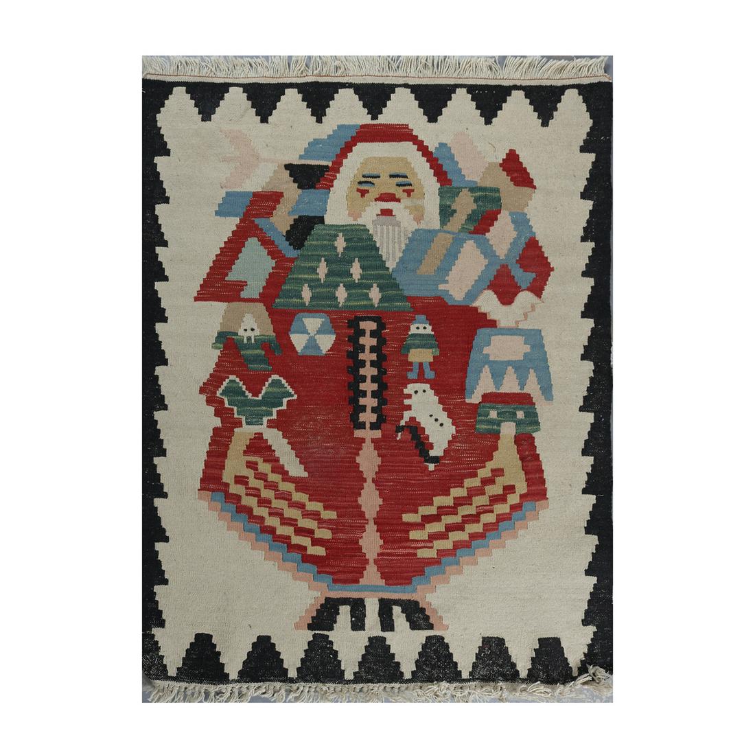 Vintage Navajo Style Kilim Figural Santa Rug, c1940: A vintage Southwest Navajo Style Tribal Kilim area rug offers flat weave construction with geometric stylized figure reminiscent of Santa Claus, original lead Islam tag, c1940. Measures - 44" l x 35.2