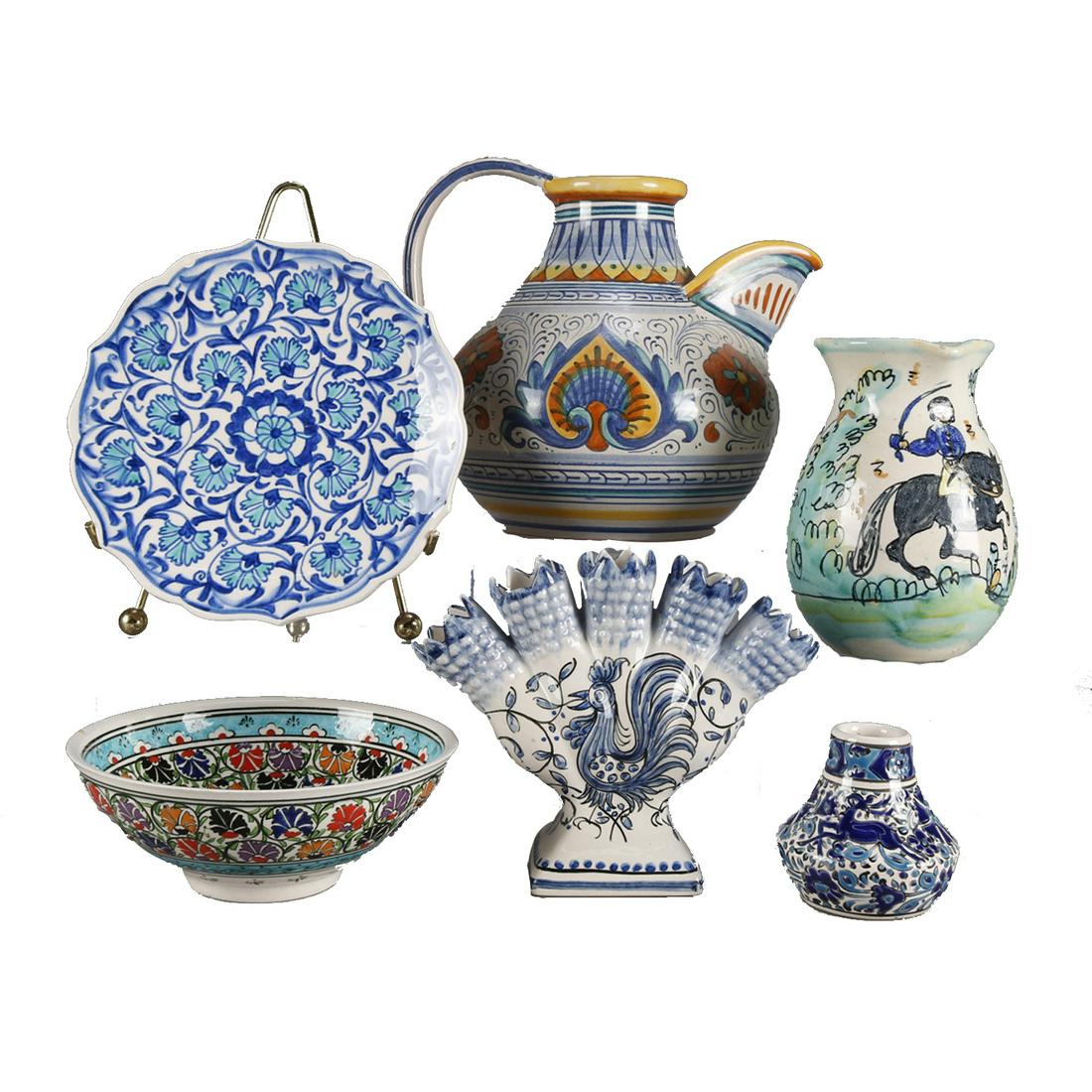 Six Hand Painted Soft Paste Items: Lot of six hand painted soft paste items including water pitcher, plate, vase, spill vase, and small pitcher.***IN-HOUSE SHIPPING & DELIVERY QUICK QUOTES AVAILABLE UPON REQUEST***