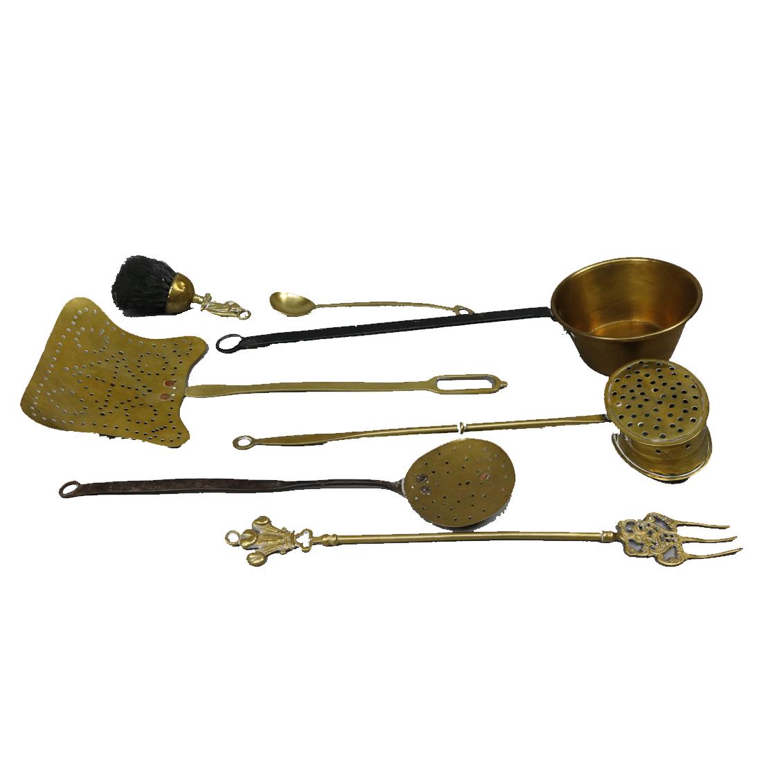 7 Pcs of Brass Fireplace Cooking Tools: 7 Pieces of Brass Fireplace Cooking Tools.Including Brass and Copper, Brass Roaster, Hand Wrought. Measures - 23" l x 9" w, 7" l shortest. ***IN-HOUSE SHIPPING & DELIVERY QUICK QUOTES AVAILABLE UPON R