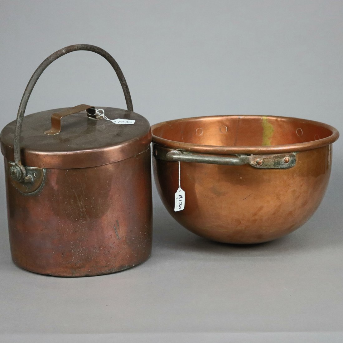 Lidded Copper Pail & Kettle: Lidded Copper Pail & Kettle; dovetailed with wrought handles. Measures - pail 10"h x 11"diam, kettle 9"h. ***IN-HOUSE SHIPPING & DELIVERY QUICK QUOTES AVAILABLE UPON REQUEST***