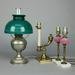 4 Assorted Table Lamps: 4 Assorted Table Lamps to include a pair of cranberry swirl glass, brass column, and marble base. Rayo style lamp with Green Shade. Brass Aladdin Style Lamp. ***IN-HOUSE SHIPPING & DELIVERY QUICK QUOT