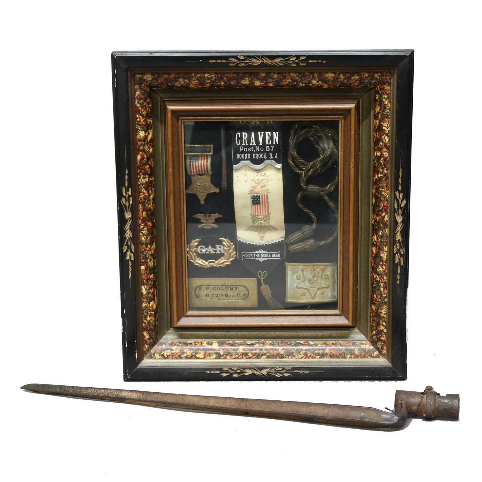 GAR Memorial Shadow Box & Springfield Bayonet: GAR Memorial Shadow Box with Military Medals and Bayonet belonging to Springfield musket or trapdoor.