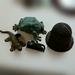 4 Pcs Misc Metal: Beehive String Holder, Wood Plane: Four miscellaneous metal items including iron frog, alligator, Nice cast bee hive string pull and unique miniature wood plane.