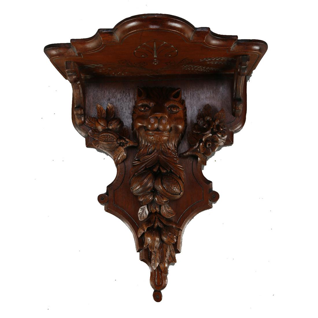 German Black Forest Figural Carved Wall Shelf: German Balck Forest Figural Carved Wood Wall Shelf Measures - 17.5" h x 13.5" w x 7.5"d ***IN-HOUSE SHIPPING & DELIVERY QUICK QUOTES AVAILABLE UPON REQUEST***
