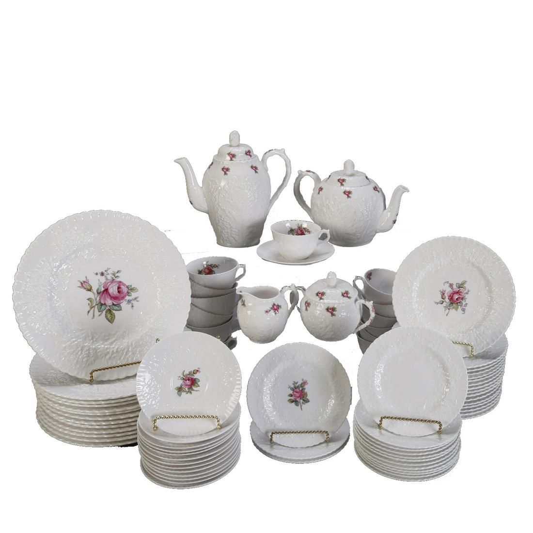 76 Piece Spode "Bridal Rose" Set: 76 Piece Spode "Bridal Rose" Set to include 13 Dinner Plates (10.75"diam), 16 Lunch Plates (7.75"diam), 15 Salad Plates ( 6.25" diam), 14 Cups, 14 Saucers (5.5"diam), Tea Pot, Coffee Pot, Creamer & Su