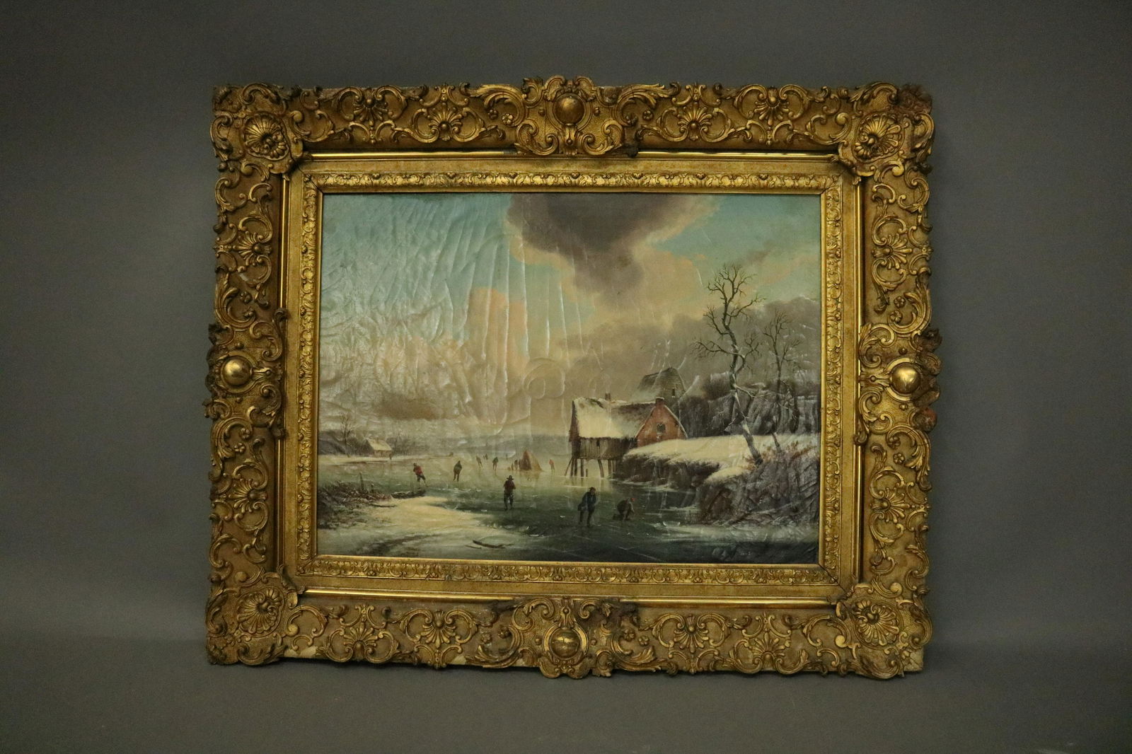 Antique Oil on Canvas Painting by Van Zeebroeck, Ice: Antique oil on canvas painting by listed artist Van Zeebroeck depicts Dutch scene with ice skaters and fishing on a frozen lake or pond, signed and dated lower right, giltwood frame, 1849. Measures -