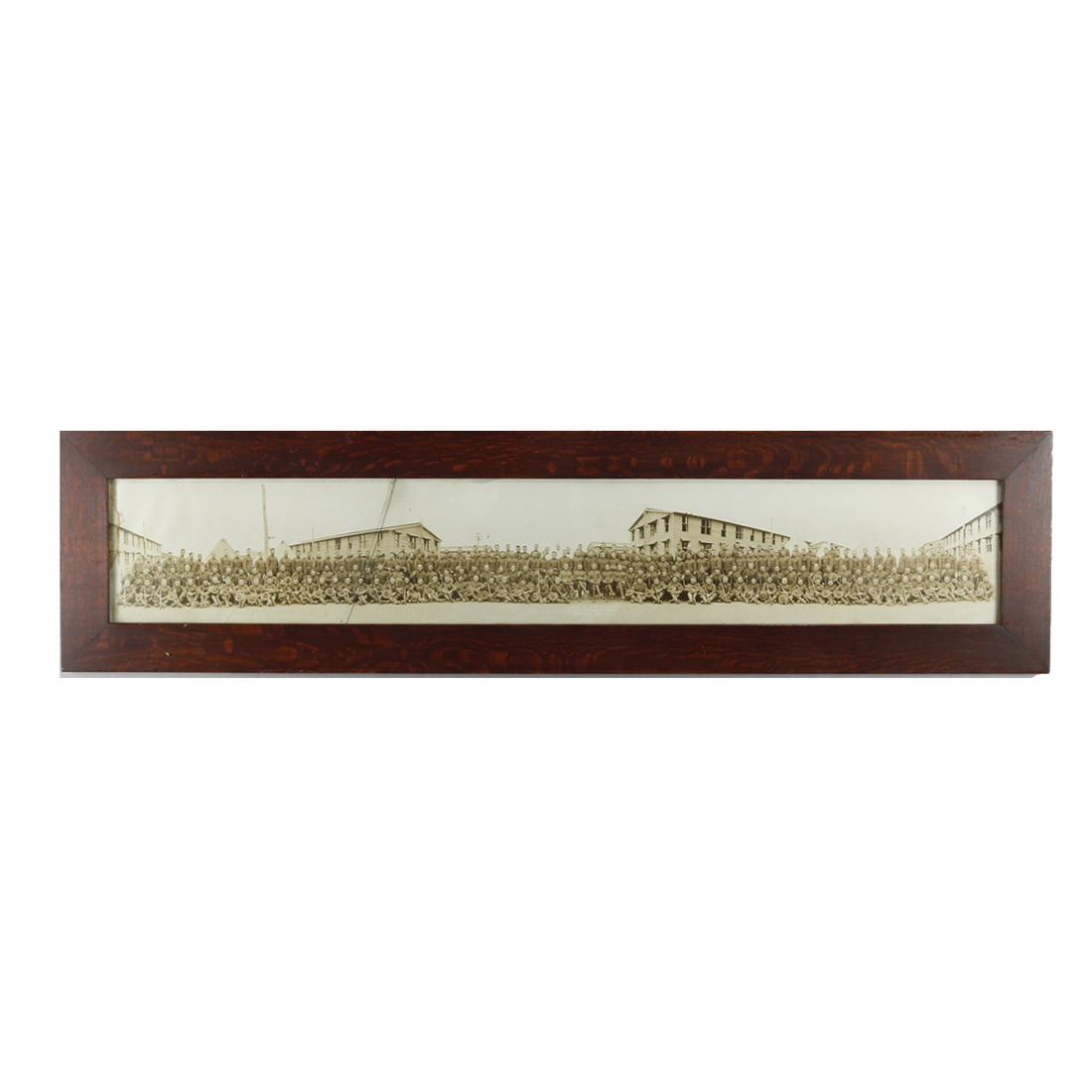 Arts & Crafts Roycroft Mission Oak Yard Long Frame: Rare Arts & Crafts Roycroft Mission Oak Yard Long Frame with Military Soldier Photograph "Company K. 311th Infantry, Capt. Dewitt C. Flint, Commanding, Camp Dix, NJ" , c1900. Unsigned and Guaranteed t