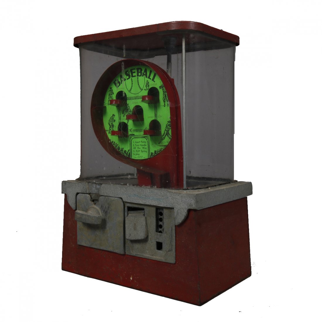 Vintage Tin Table Top Bubble Gum Machine, c1940: Vintage Tin Table Top Baseball Bubble Gum Machine, c1940. Measures - 16"h x 11"w x 7"d. ***IN-HOUSE SHIPPING & DELIVERY QUICK QUOTES AVAILABLE UPON REQUEST***