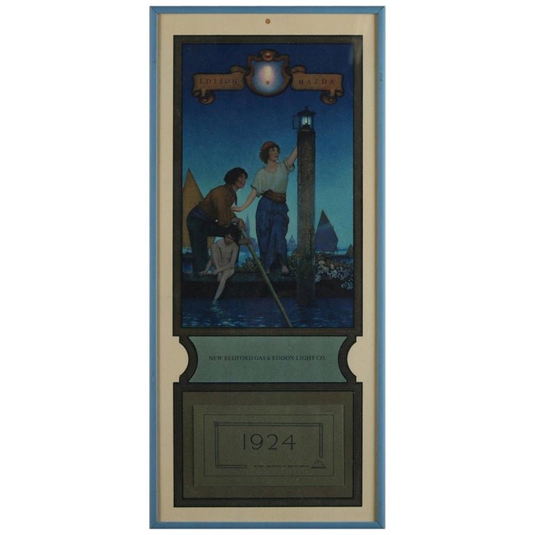 Art Deco Antique 1924 Maxfield Parrish the Venetian Lam: Art Deco into Art Nouveau antique New Bedford & Edison Light Co. 1924 calendar having full and intact calendar, upper with print of "The Venetian Lamplighter" after original by Maxfield Parrish, excel