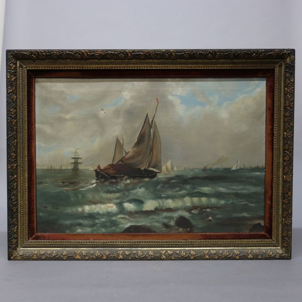 Antique Maritime Ship Painting, 19th C: Antique Maritime Ship Painting Measures - 31"h x 22.75"w x 1.25"d; sight 27.5"h x 25.5"w. ***IN-HOUSE SHIPPING & DELIVERY QUICK QUOTES AVAILABLE UPON REQUEST***