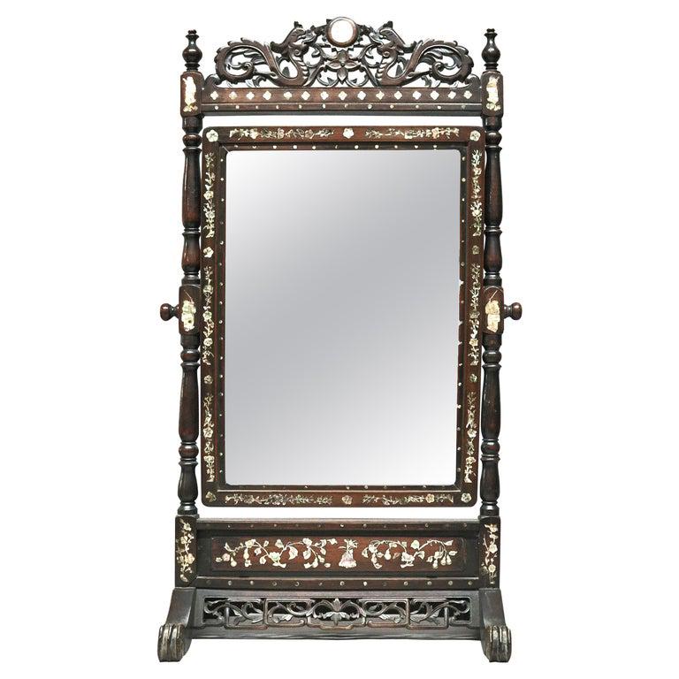 Large Asian Mother of Pearl Inlaid Carved Table Mirror (1 of 10)