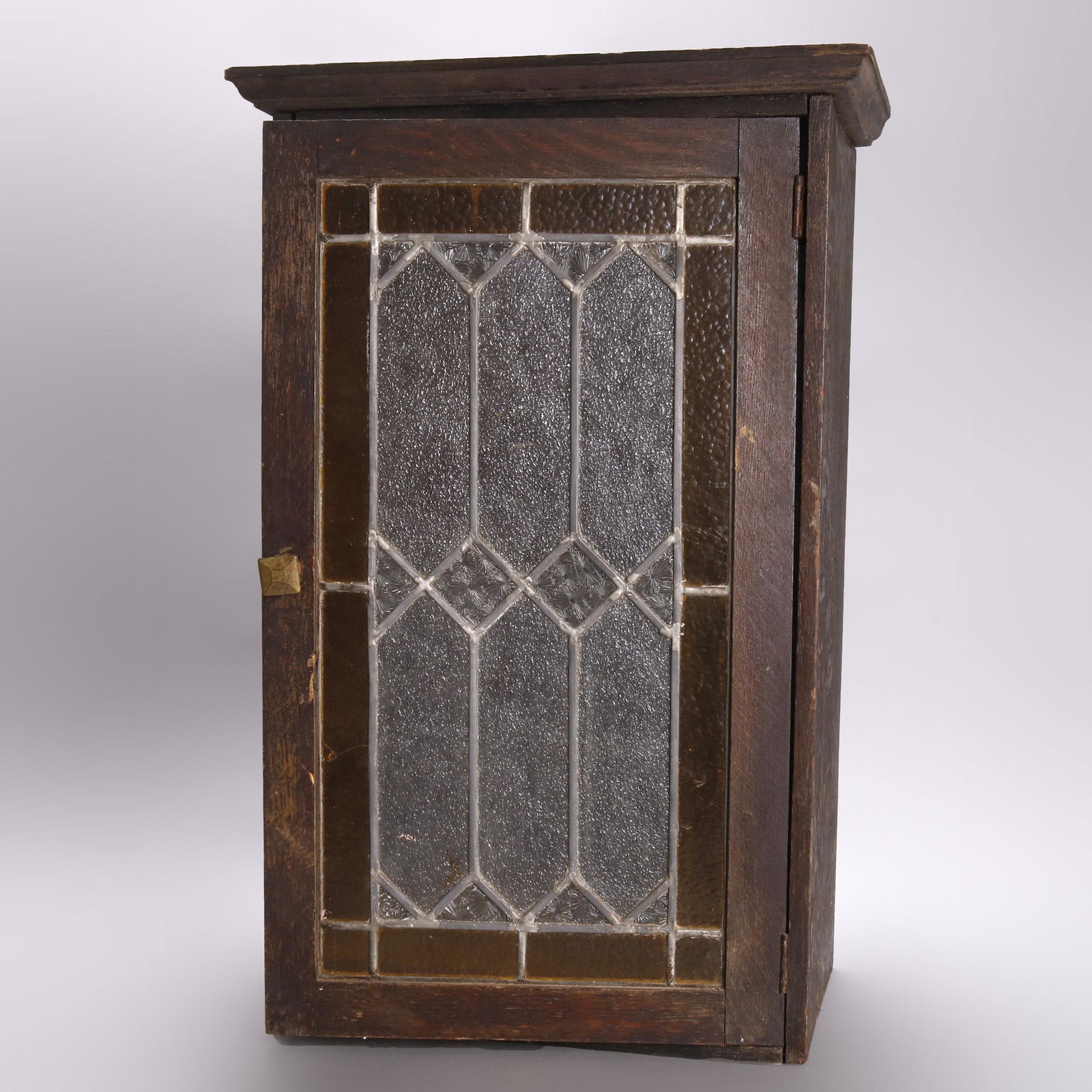 Antique Arts & Crafts Oak & Leaded Glass Wall Cabinet (1 of 8)
