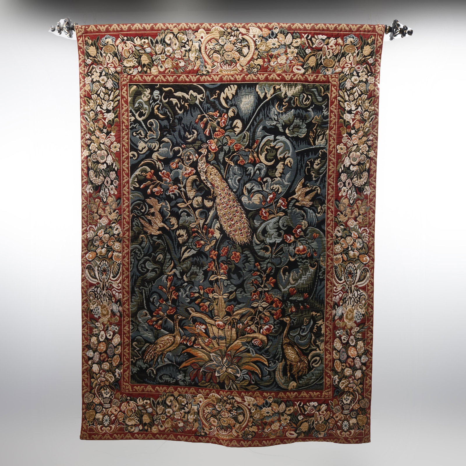 Belgium Flemish Style Tapestry Garden w/Peacock Scene: A vintage Belgium Flemish style wall tapestry offers a peacock and other birds in garden setting, 20th century. Measures: 72" H x 50.75" W x 1.5" Dia, 8.5" drop. ***IN-HOUSE SHIPPING & DELIVERY QUICK 