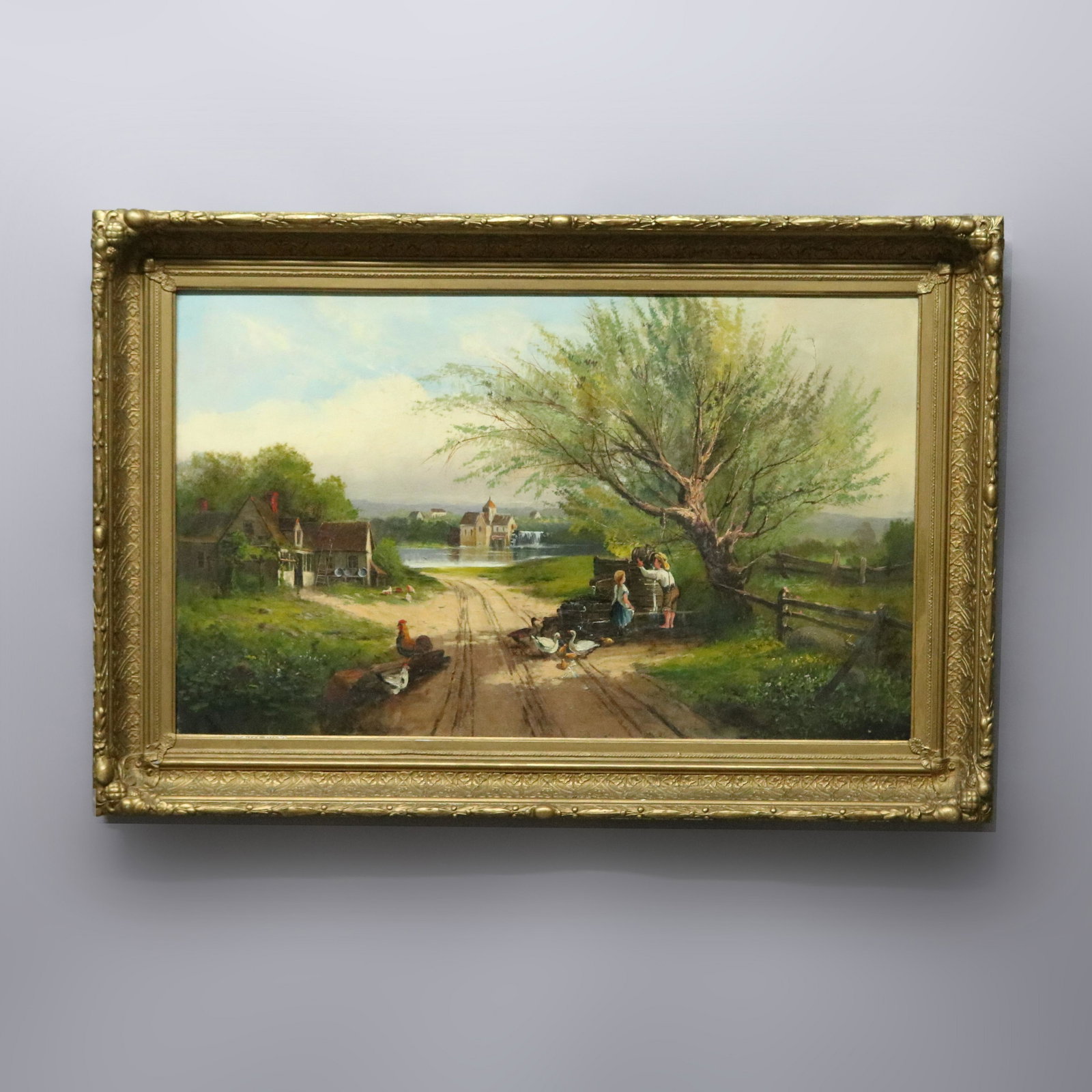 Antique Painting, Hudson River School Rural Village: An antique painting offers oil on canvas landscape scene in the manner of Hudson River School depicting Continental rural village with structures, figures and animals, seated in giltwood frame, 19th c