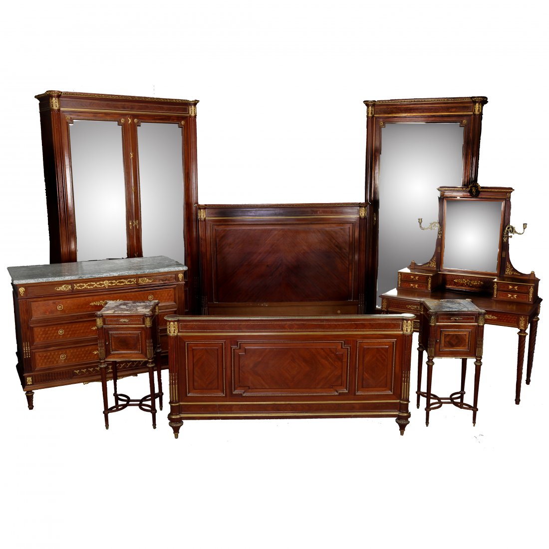 Francois Linke Signed French Louis XVI Bedroom Suite: French Louis XVI mahogany Marquetry & ormolu bedroom suite includes:1) Signed French Louis XVI chest of drawers by Francois Linke offers marble top surmounting mahogany case with parquetry facing and