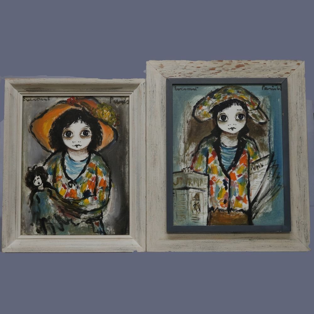2 Midcentury French Keane School Abstract Paintings: A pair of Midcentury Modern "Big Eyes" French abstract paintings in the manner of Margaret Keane, c1960. One of girl with doll, signed upper left Measures: 22" H x 18" W x 2" D frame; 17.5" H x 13.5"