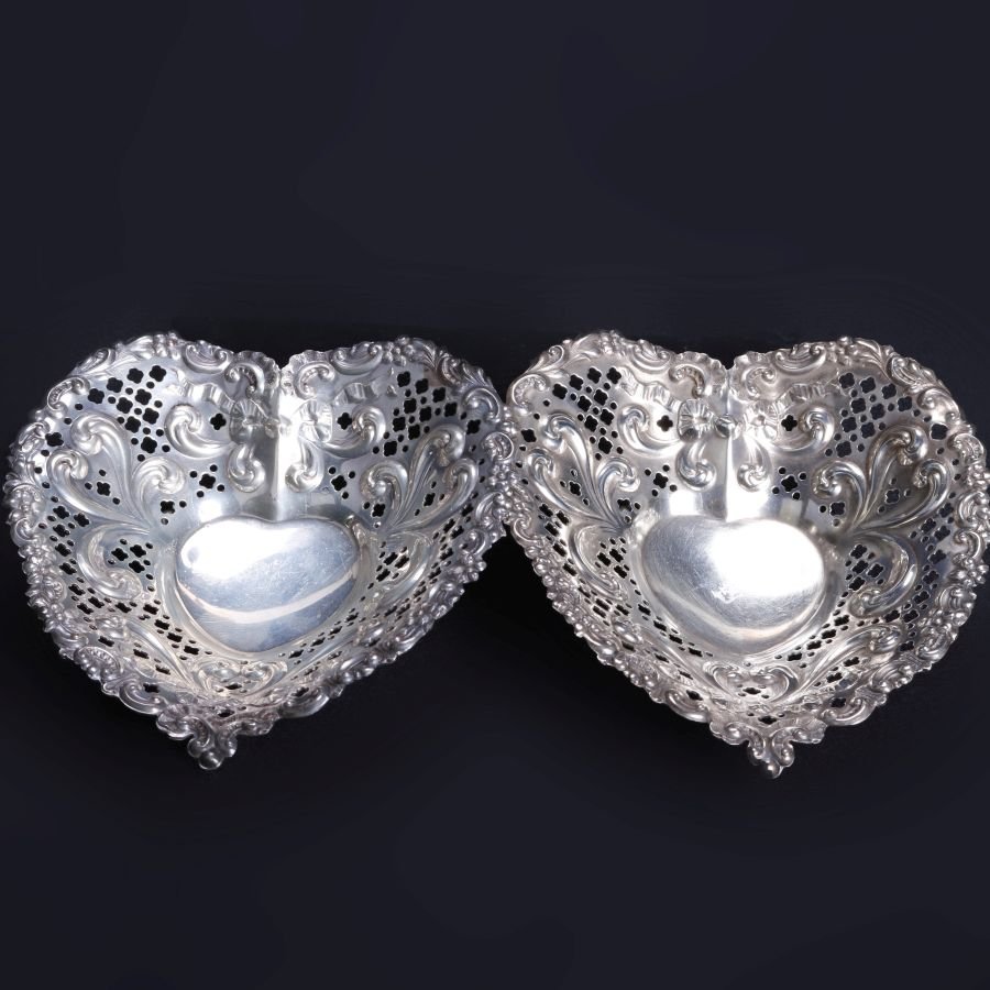 Antique Pair Sterling Silver Gorham Heart Shaped Dishes (1 of 7)