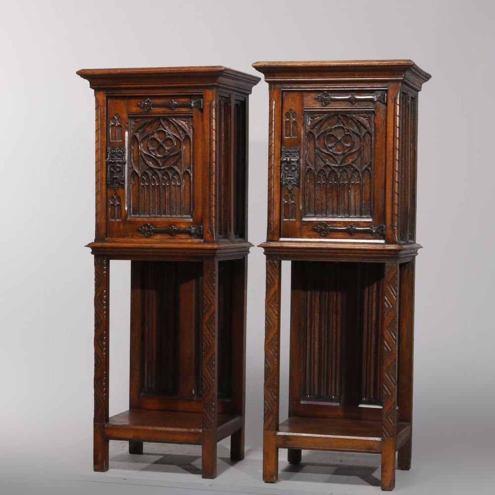 Antique Pair of Gothic Revival Carved Oak Side Cabinets (1 of 16)