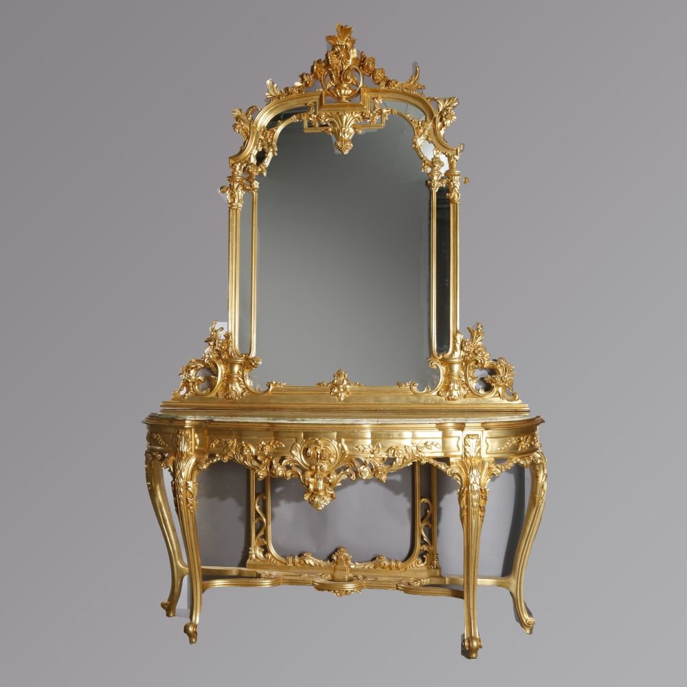 French Louis XVI Gilt Wood Marble Top Console W. Mirror (1 of 17)