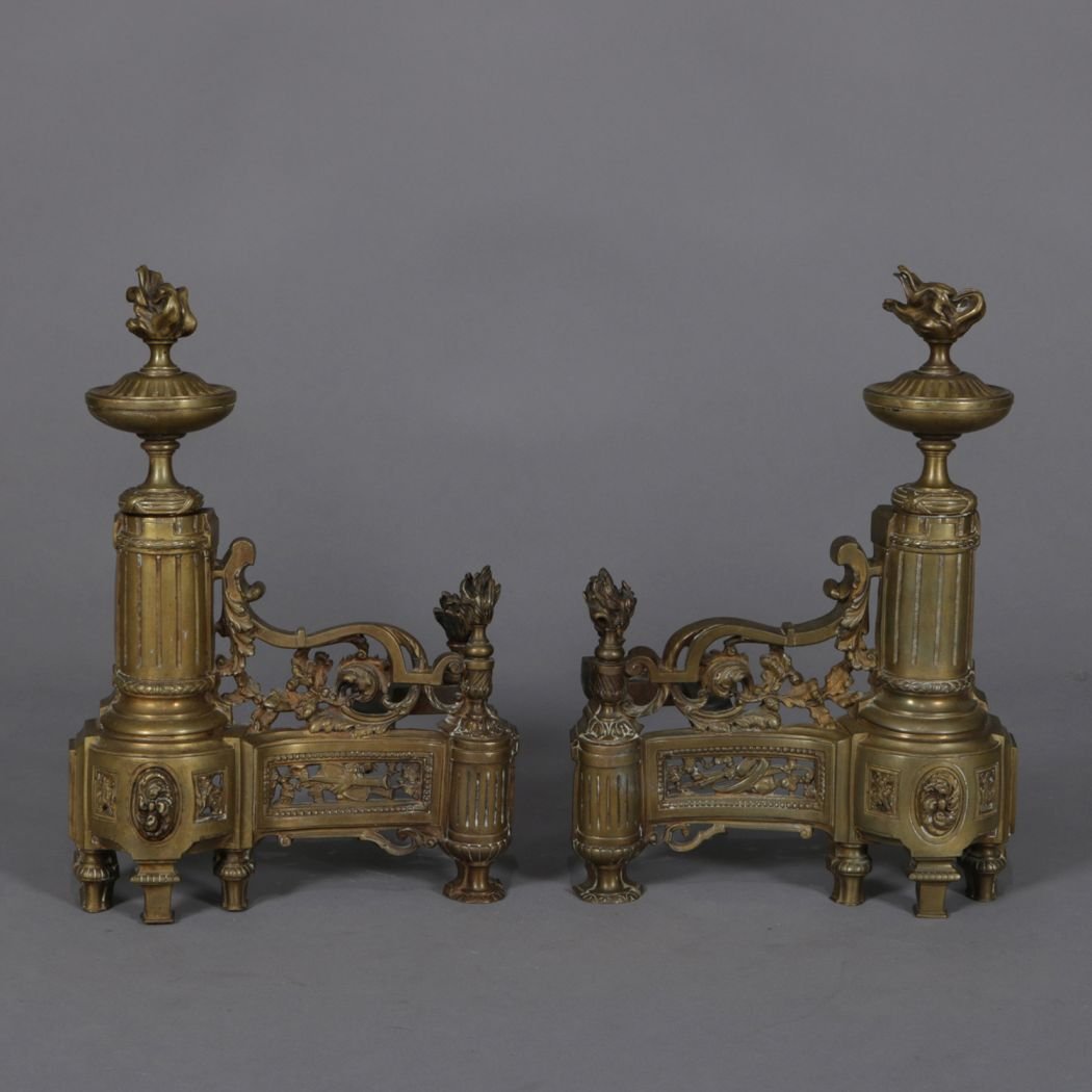 Antique French Louis XIV Brass Fireplace Urn Chenets (1 of 8)