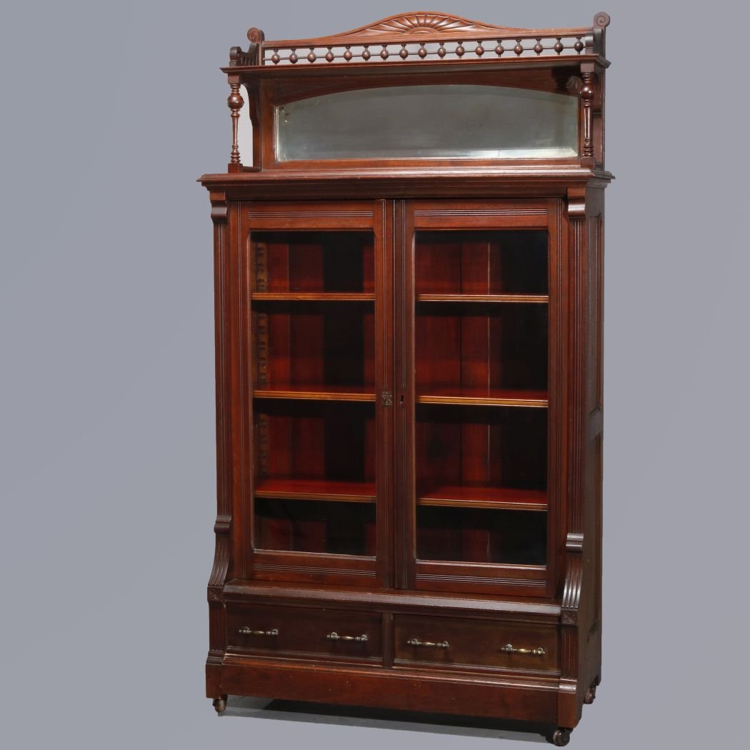 Antique Walnut Eastlake Mirrored Top 2 Door Bookcase (1 of 16)