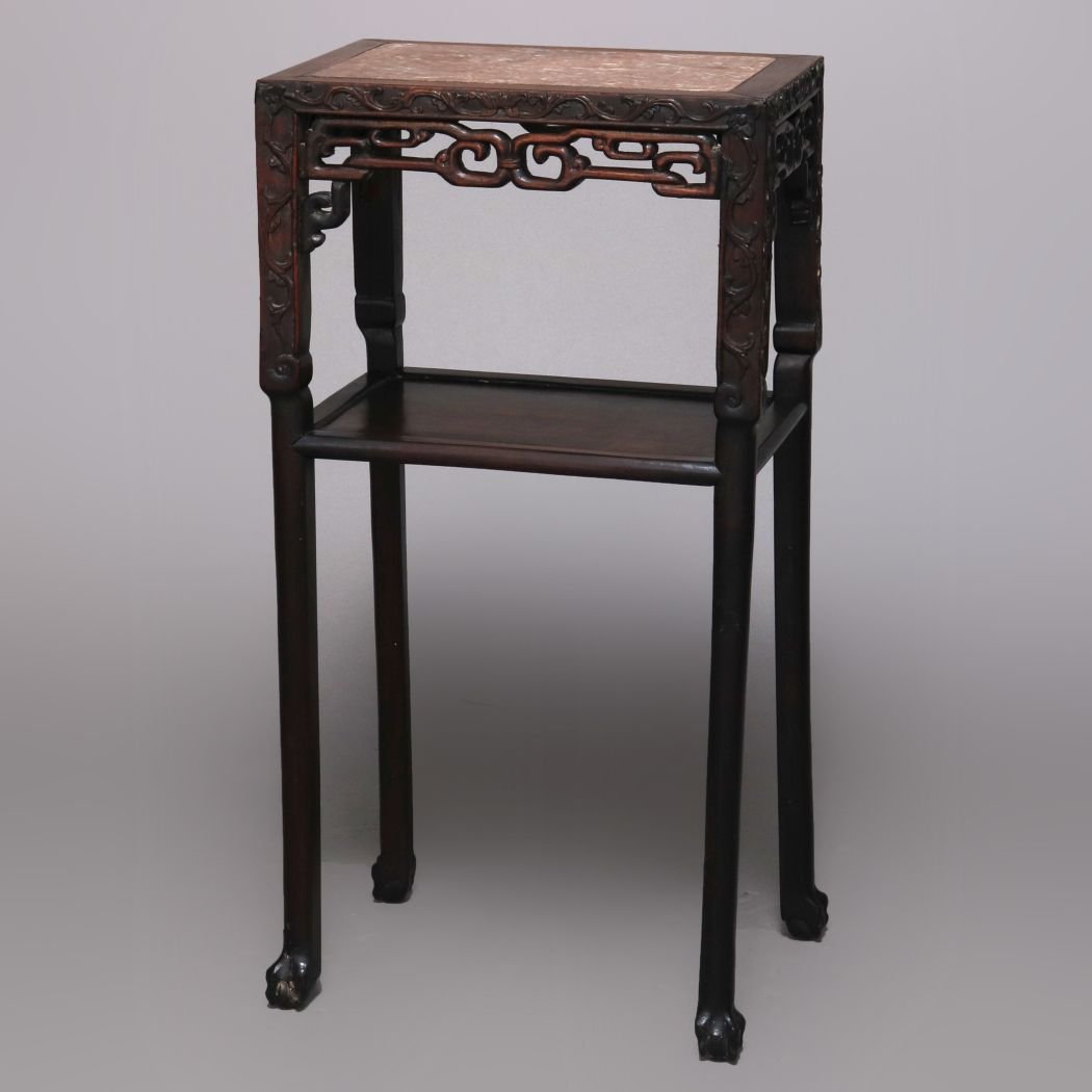 Carved Hardwood and Inset Marble Chinese Plant Stand (1 of 13)