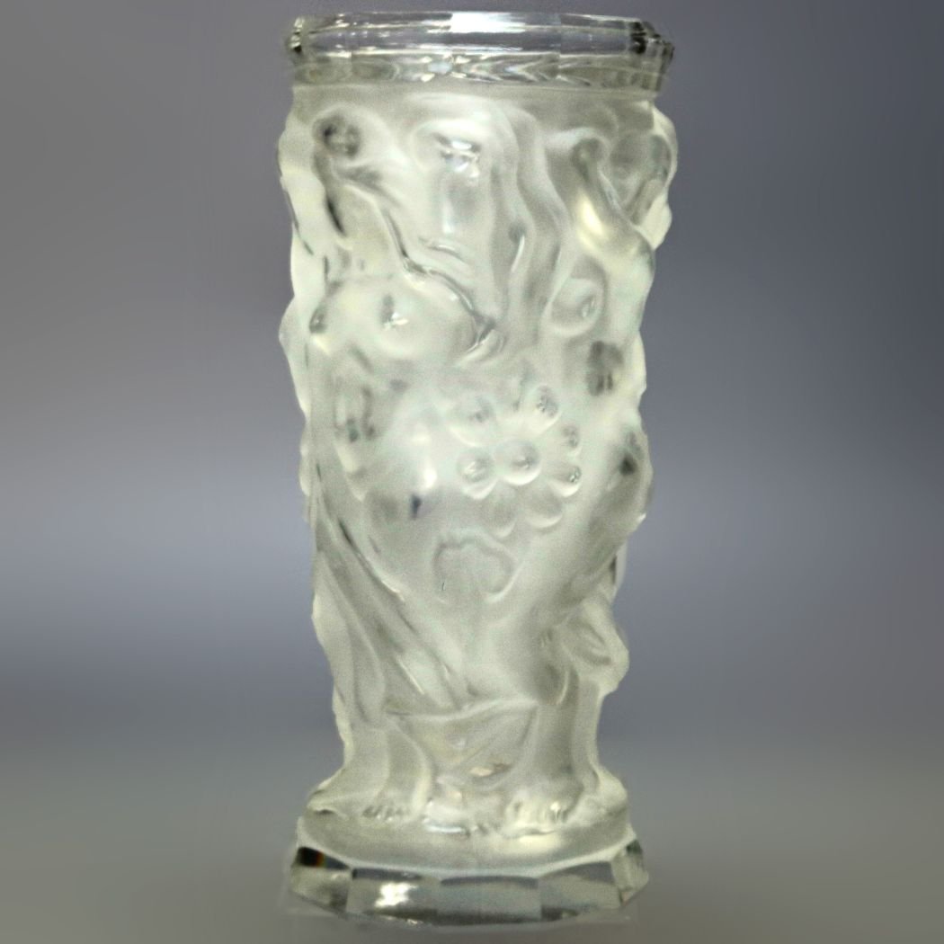 Large Art Deco Halama Czech Crystal Glass Figural Vase: A large vintage Art Deco into Art Nouveau Czech frosted crystal vase by Frantisek Halama offers blown out decoration of dancing nude female, nymphs, original label and box as photographed, 20th centur