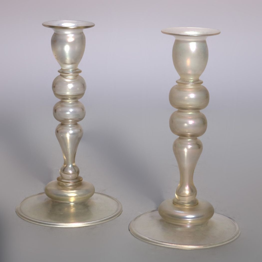 Pr Steuben Verre De Soie Glass Balustrade Candlesticks (1 of 9)