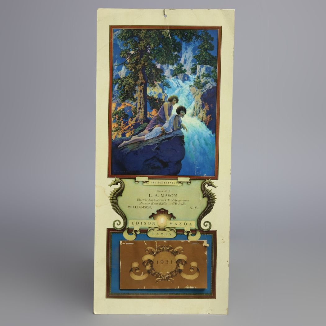 Art Deco 1931 Maxfield Parrish Waterfall Calendar: Art Deco into Art Nouveau antique Edison Mazda lamps new 1931 calendar having full and intact calendar, upper with print of "The Waterfall" after original by Maxfield Parrish, excellent color, circa 1