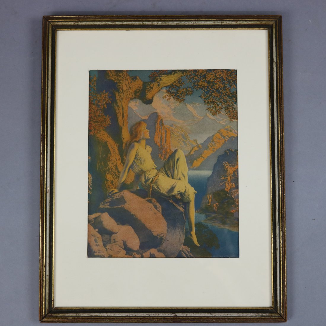 Antique & Early Print 'Dawn' after Original by Parrish: Art Deco antique print of "Dawn" after original by Maxfield Parrish, early Edison Mazda Calendar, framed, lower left in plate "Maxfield Parrish 1912" and lower left "General Electric Company". Measure