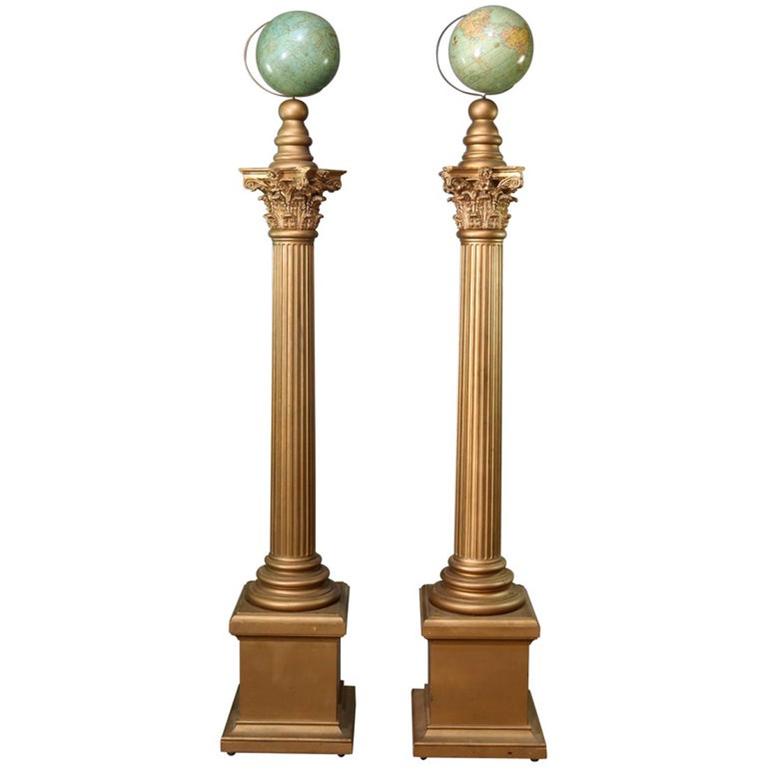 Oversized Knights Templar Ceremonial Corinthian Columns: Pair of vintage oversized Masonic Lodge or Knights Templar ceremonial gilt composite Corinthian columns having foliate and scroll capitals and stepped bases with each surmounted by a world globe, 20th