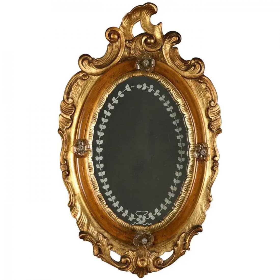 Venetian Rococo Carved Giltwood Diminutive Wall Mirror: Antique Venetian Rococo style diminutive wall mirror features carved giltwood frame with pierced scroll and foliate decoration, floral and foliate etched mirror, 19th century. Measures: 23" H x 14.5" 