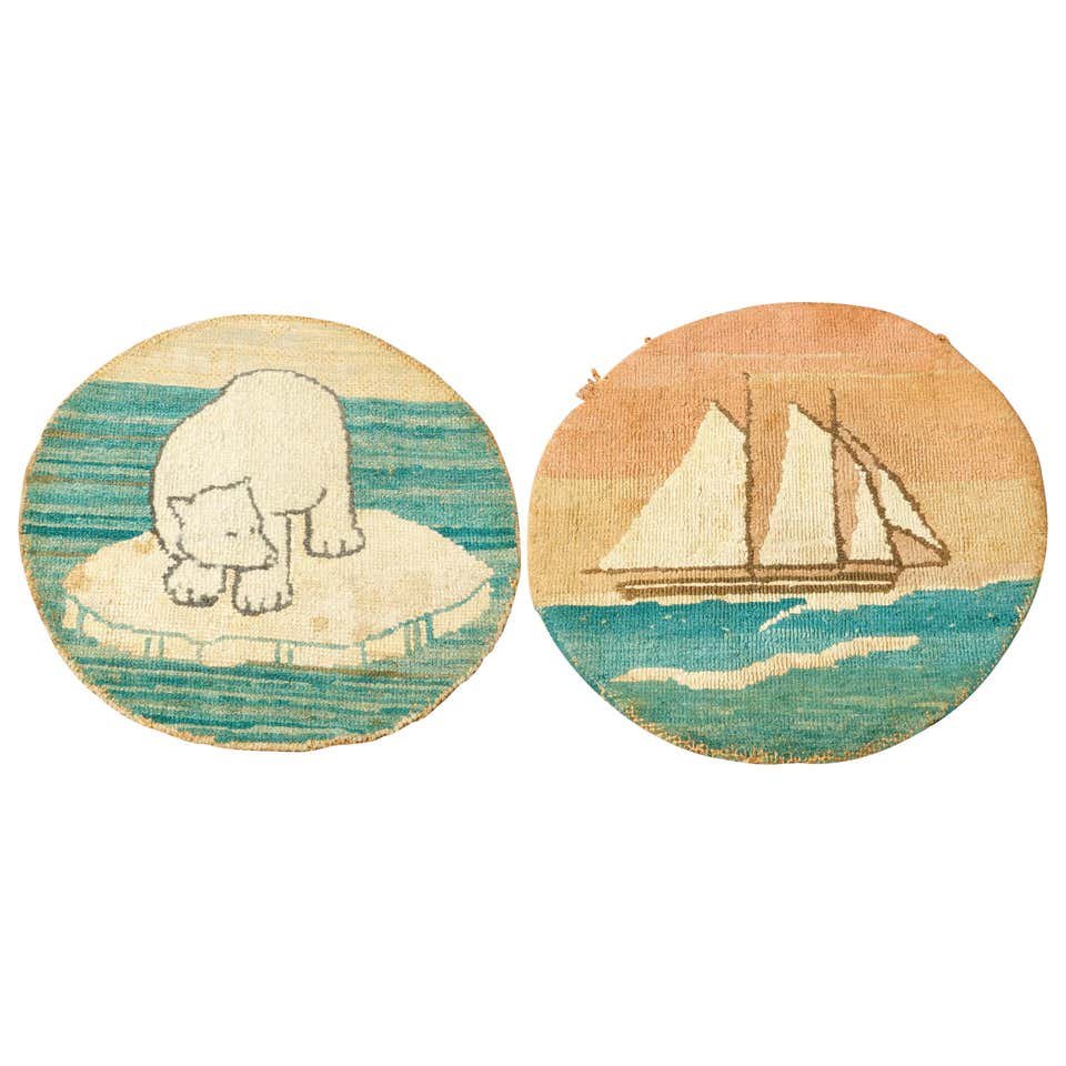 Two Antique Grenfell Labrador Hand Knotted Mats, c1920: Two antique Grenfell Labrador, newfoundland hand knotted mats including one seascape with tall mast sailing ship and owned with polar bear on iceberg, original labels as photographed, circa 1920.Measu