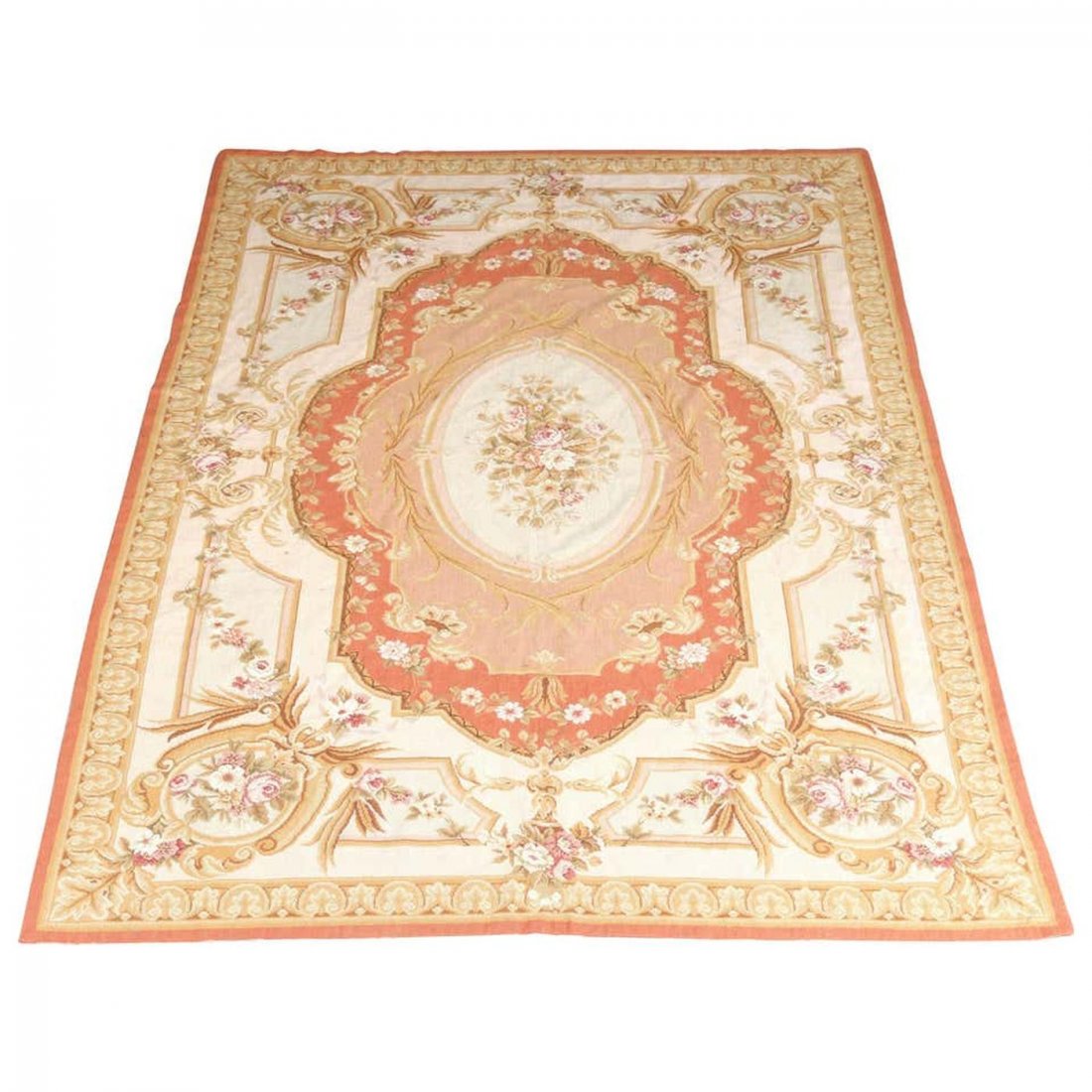 Antique French Aubusson Needlepoint Rug, 20th C: An antique French Aubusson needlepoint rug offers wool construction with central floral medallion and surrounding floral, scroll and acanthus elements , 20th C. Measures- 100.5" H x 63.5" W. ***IN-HOU