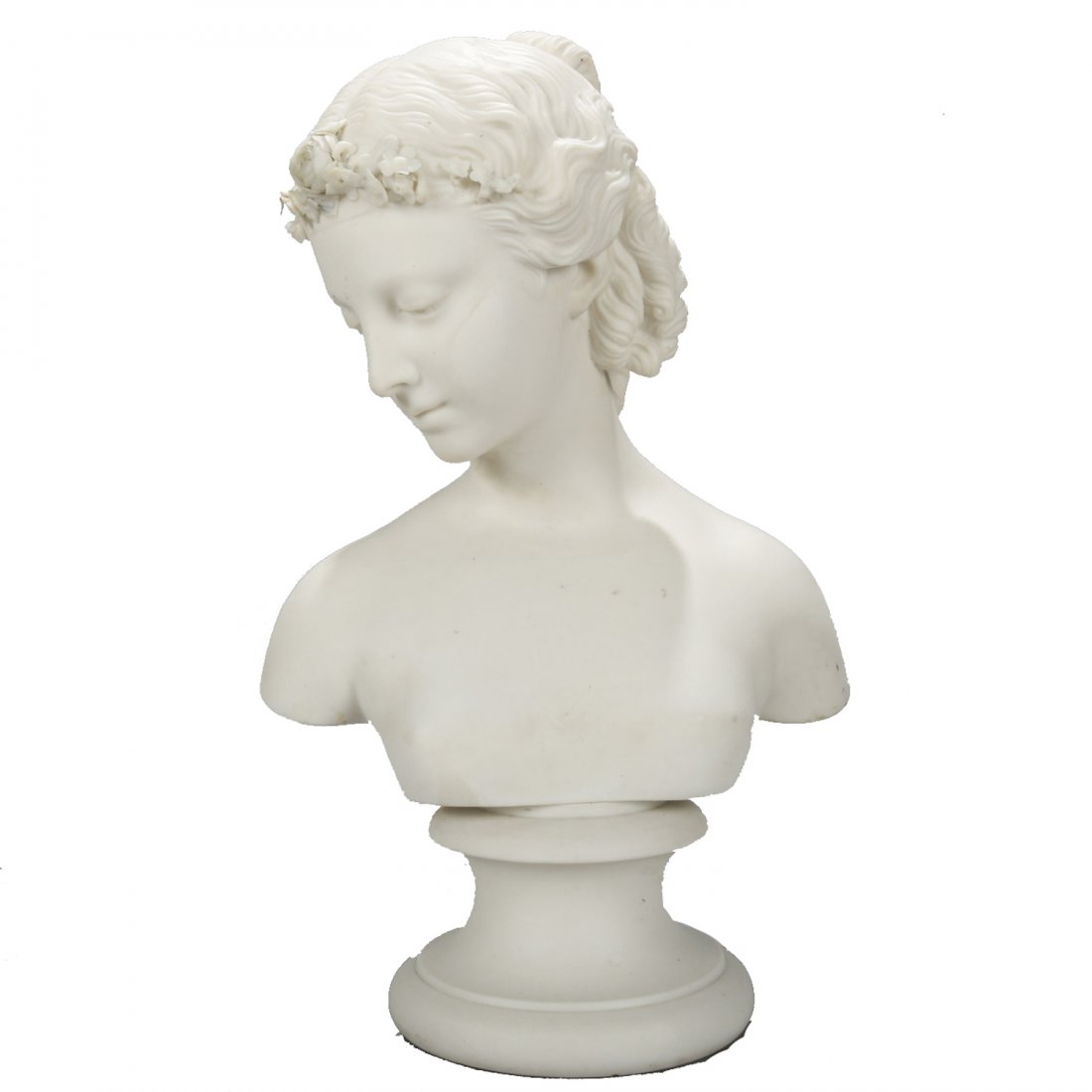 Victorian Classical Parian Bust of a Woman, c1890: An antique classical Greek parian sculpture bust by Copeland depicts portrait of young woman on plinth, en verso stamped as photographed, circa 1890. Measures: 10.5" H x 7" W x 6" D. ***IN-HOUSE SHIPP