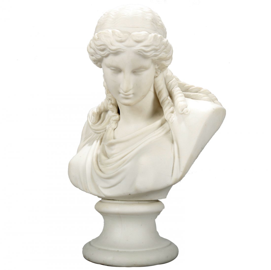 Victorian Classical Parian Grecian Bust of a Woman: An antique Classical Greek parian sculpture bust in the manner of Copeland depicts portrait of young woman on plinth, en verso stamped as photographed, circa 1890. Measures: 10" H x 8" W x 5" D. ***IN
