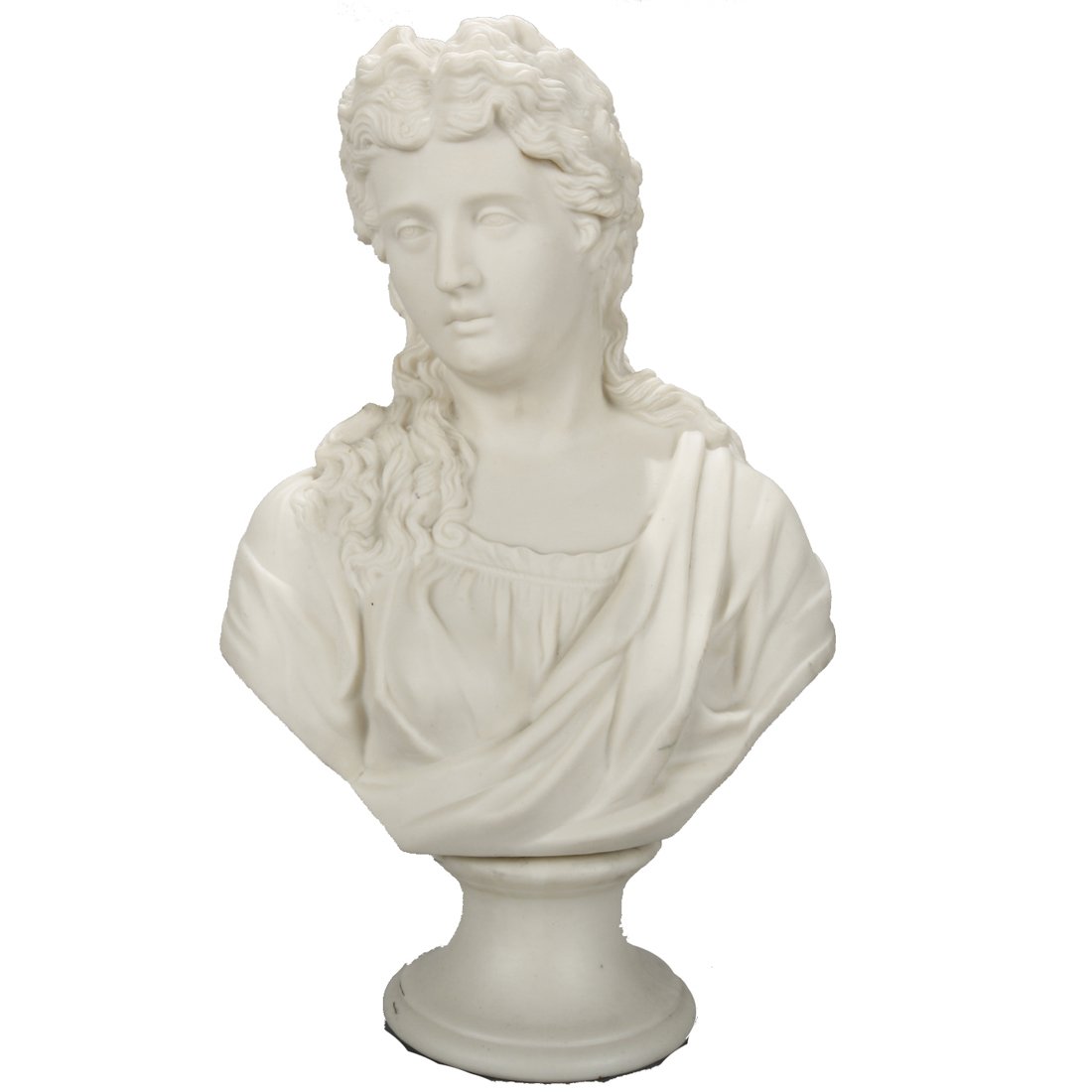 Classical Parian Grecian Copeland School Bust , c1890: An antique Classical Greek parian sculpture bust in the manner of Copeland depicts portrait of young woman on plinth, en verso stamped KC 212 as photographed, circa 1890. Measures: 12" H x 8" W x 4.5"