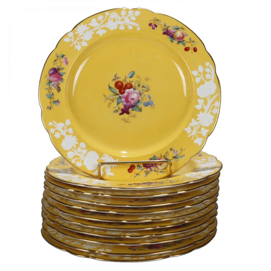 12 Copeland for Tiffany Porcelain Luncheon Plates: A vintage set of twelve luncheon plates by Copeland Spode for Tiffany offer porcelain construction with scalloped rim having hand painted floral design and gilt bordering, well with floral spray, make