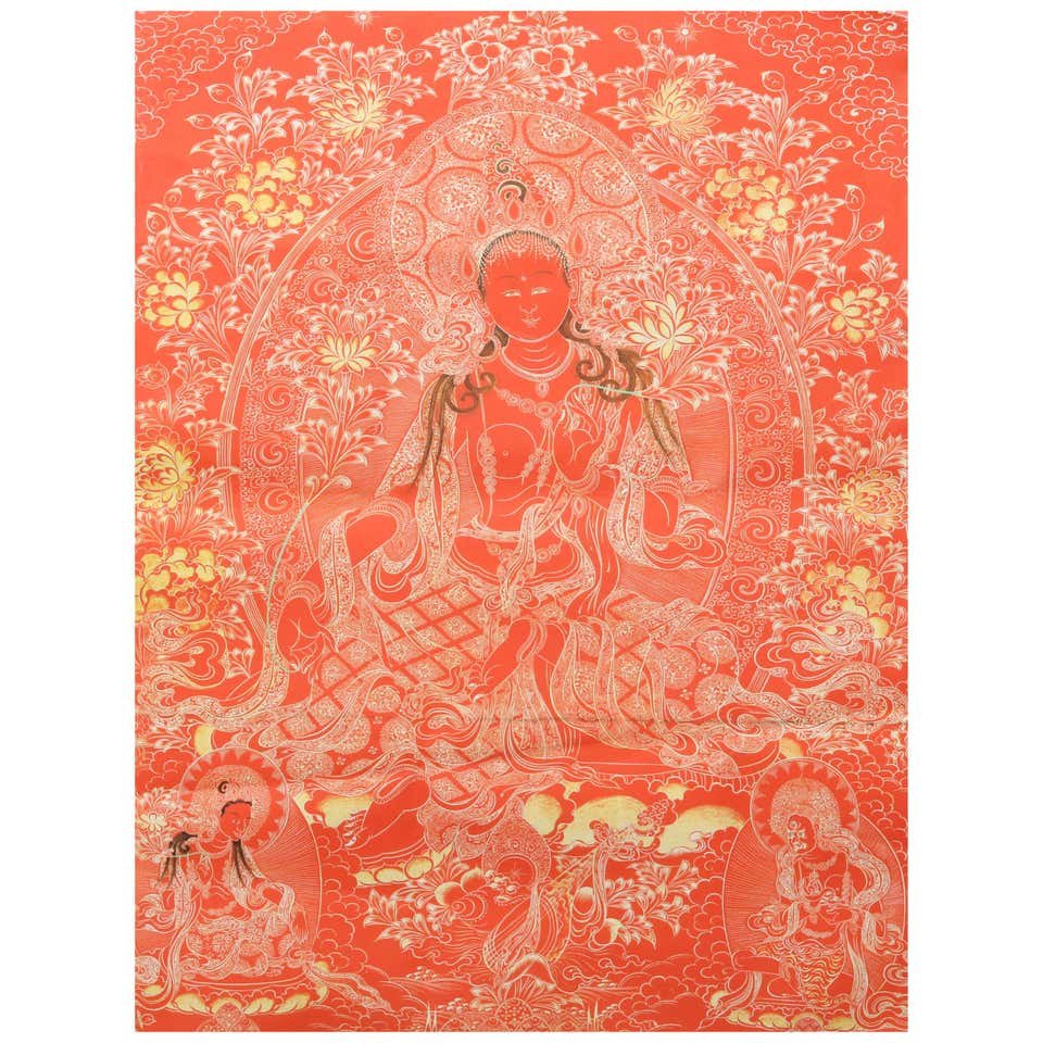 Antique Tibetan Buddha Thangka on Paper, 19th C: An antique Tibetan Buddhist Thangka screen on paper with hand painted elements, 19th C. Measures- 35.25" H x 26.75" W. ***IN-HOUSE SHIPPING & DELIVERY QUICK QUOTES AVAILABLE UPON REQUEST*** *** DELIVE