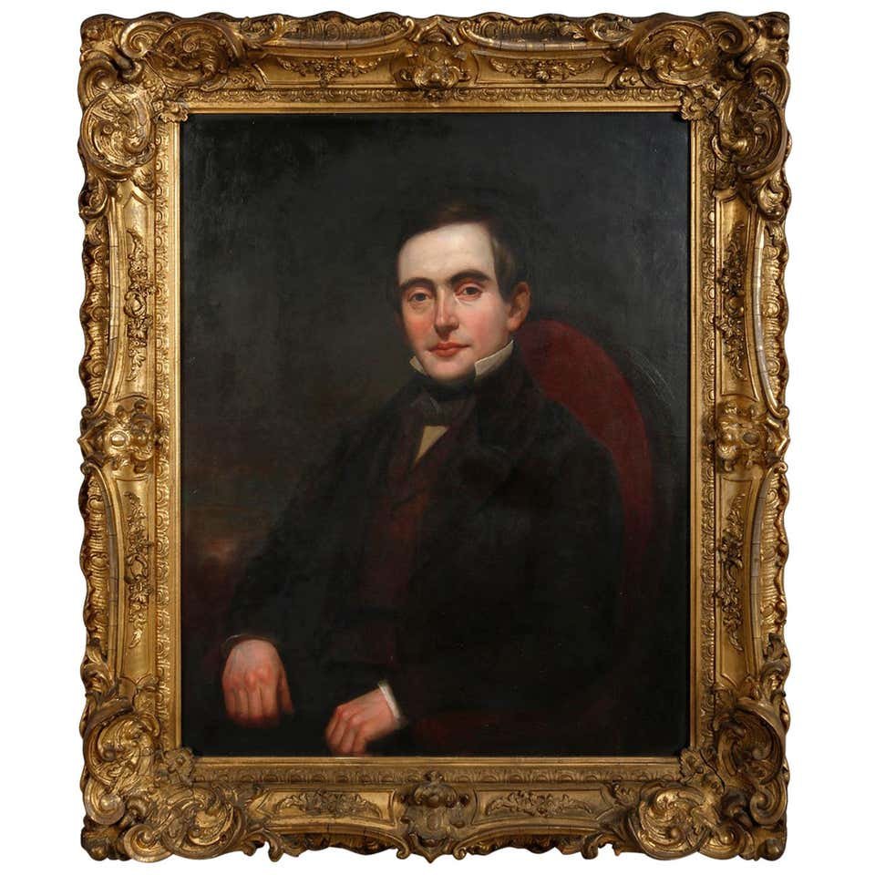 Large Antique Portrait Oil Painting of JD Hoyt 1870: An antique and large oil on canvas painting depicts a portrait of a seated gentleman, JD Hoyt of Buffalo, NY, housed in an ornate giltwood frame, circa 1870. Measures: 44" H x 37" W x 4.75" D, overall