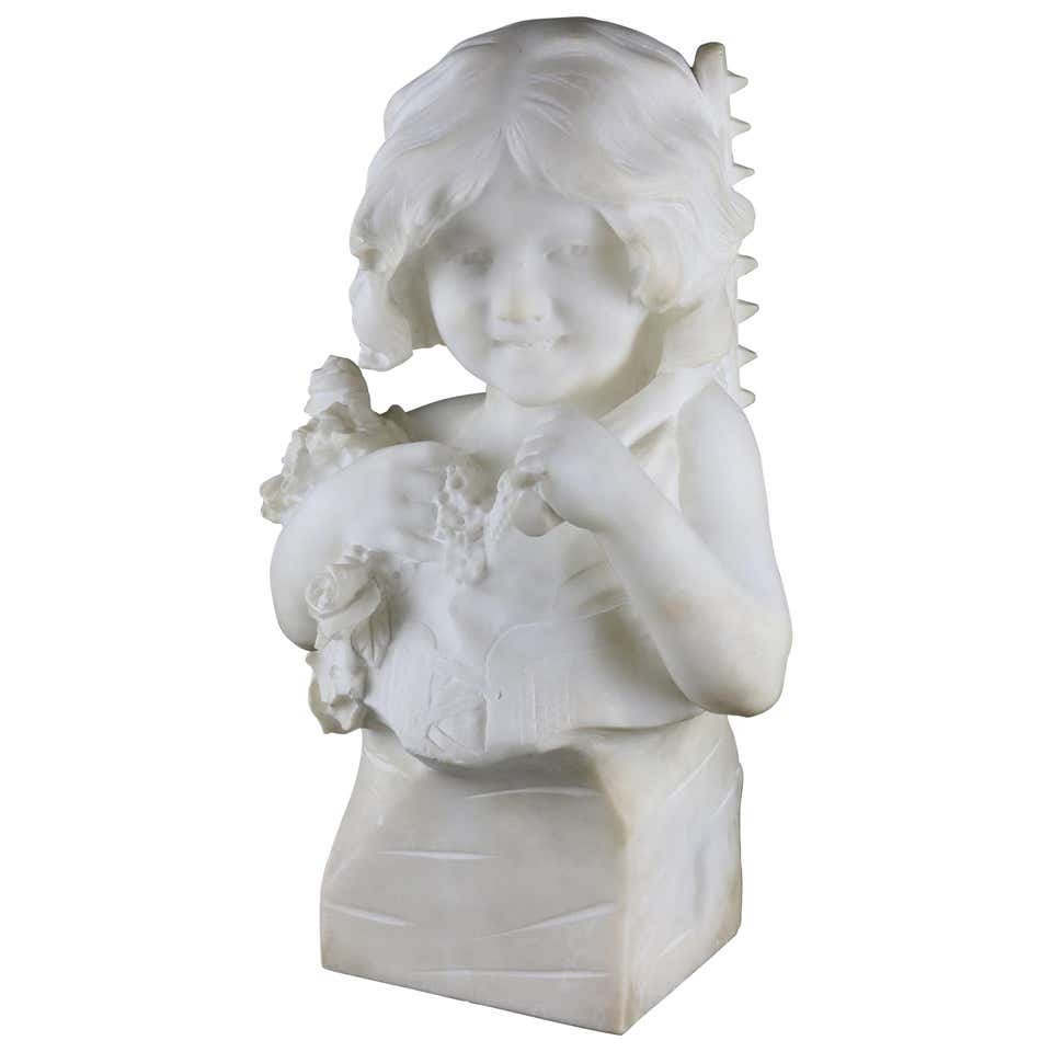 Large Italian Alabaster Bust Sculpture, Girl & Flowers: An antique and large Italian highly detailed carved alabaster sculpture by Dante Zoi (Italian, 1880-1920) depicts a young girl with flowers and garden rake, signed D. Zoi Firenze as photographed, circ
