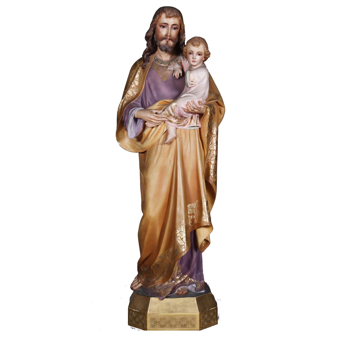 Spanish Cast Plaster Joseph & Child Sculpture, c1930: An antique and large full figure hollow cast plaster sculptural statue by Castellan's Workshop offers hand painted and gilt Christian figure of Joseph and The Christ Child, title block reads "Talleres