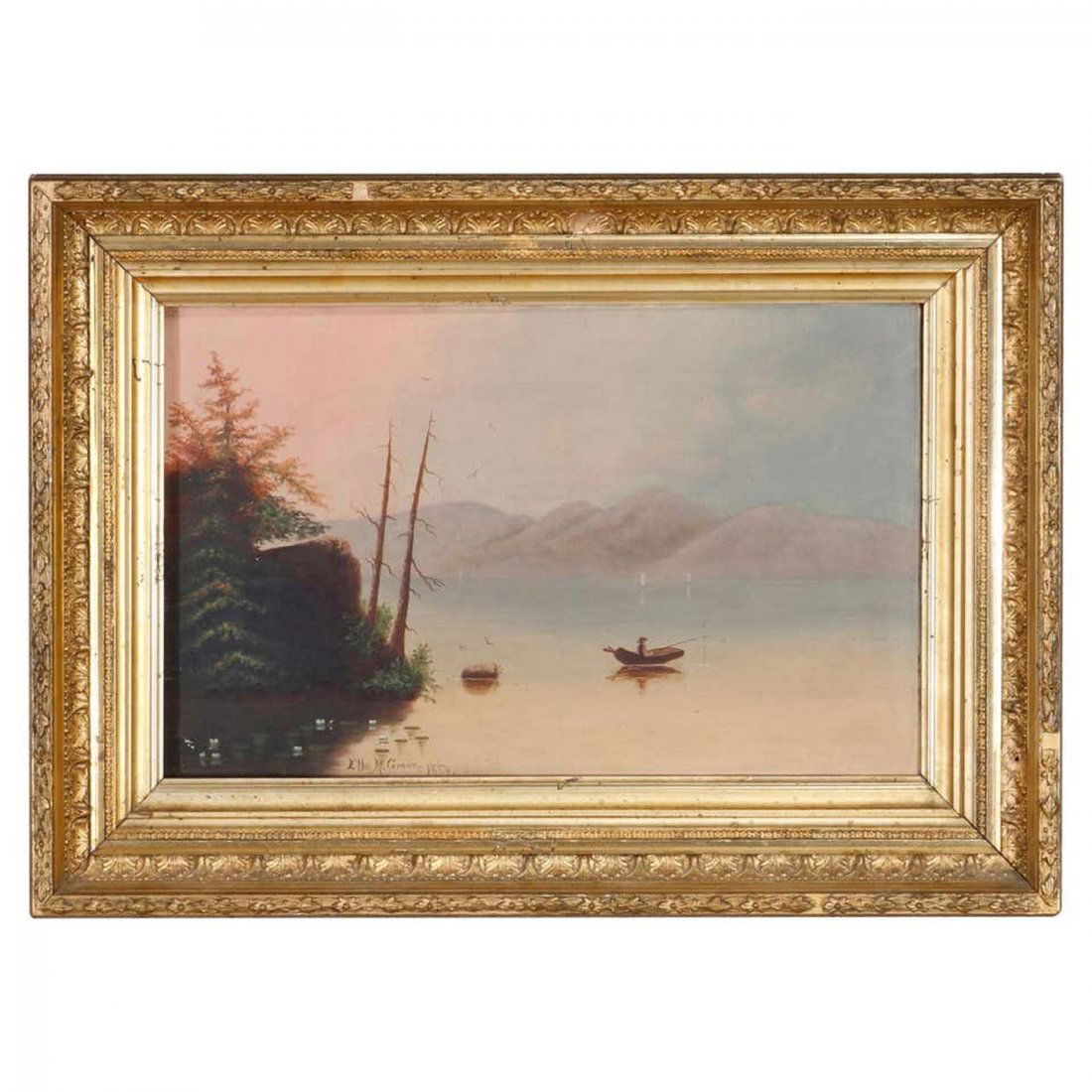 Antique Thomas Chambers School Folk Art Oil Painting: An antique oil on canvas folk art painting in the manner of Thomas Chambers depicts lake scene in mountainous landscape setting with figure fishing in a boat, artist signed and dated Ella M. Green 188