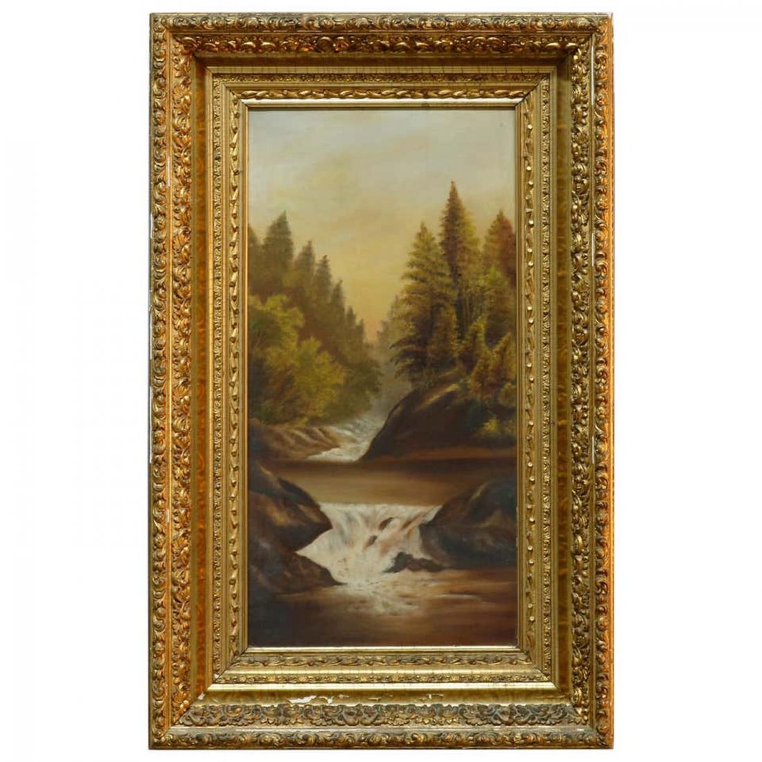 Hudson River School Mountain Landscape Painting, c1890: An antique oil on canvas Hudson River School landscape painting depicts river or stream in mountainous forest setting, seated in giltwood frame, circa 1890. Measures: 37.25" H x 23.25" W x 4.5" D. ***