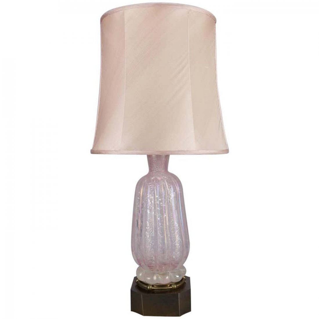 MCM Venetian Murano Art Glass Table Lamp, circa 1960: Mid-Century Modern table lamp features Venetian pink opalescent Murano glass vase seated on brass base, circa 1960. Measures: 29" H with harp; 20" fixture, 6" x 6" base. ***IN-HOUSE SHIPPING and DELIV