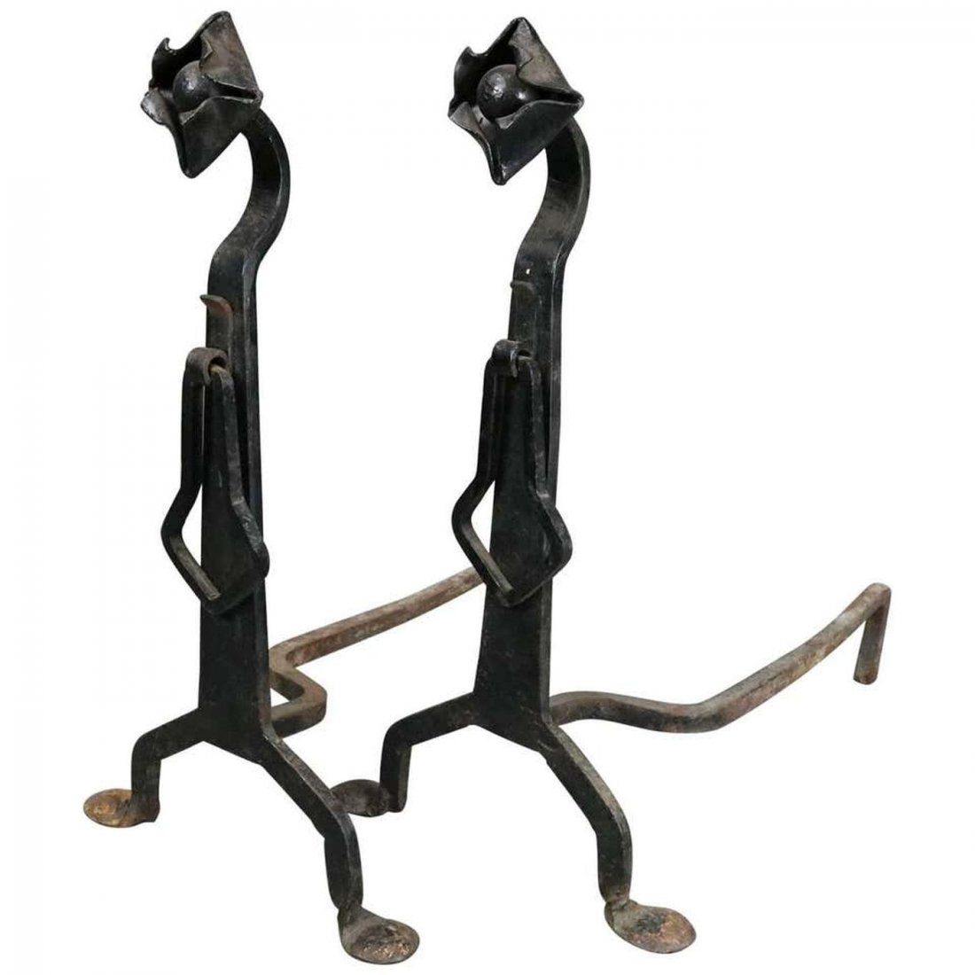 Arts & Crafts Yellin School Wrought Iron Andirons,c1910: Pair of antique Yellin School Arts & Crafts wrought iron fire place andirons feature stylized flower finial, shaft ring, and are seated on splayed legs, circa 1910. Measure: 25" H x 14" W x 23" D. ***