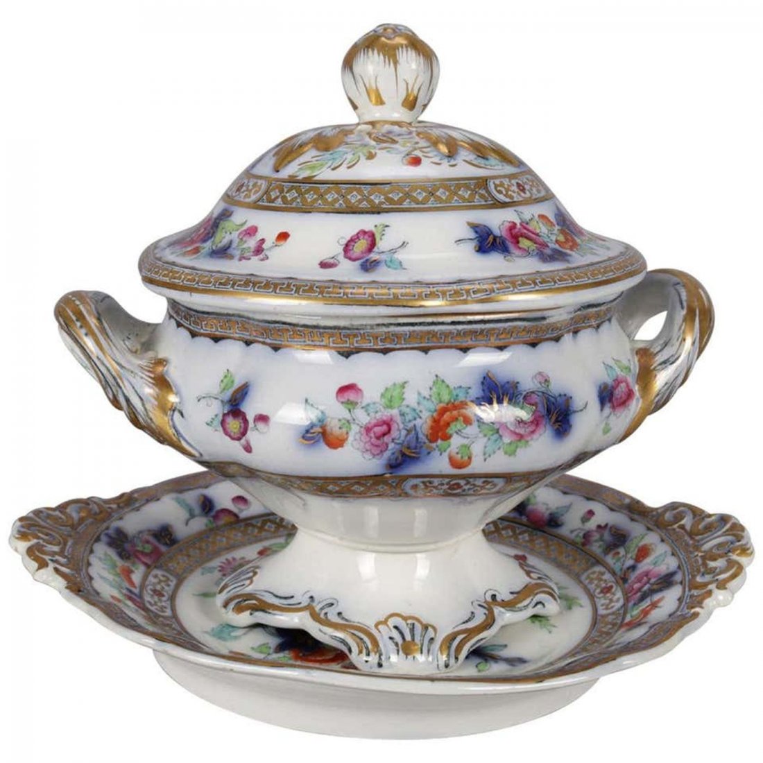 English Wedgwood Noma School Flow Blue Gravy Boat: Antique English Wedgwood Noma school pattern ironstone gravy and tray feature polychromed, flow blue and gilt floral decoration, mid-1800s. Measures: Assembled 7.75" H x 9" W, plate 1.25" H x 9" W; bo