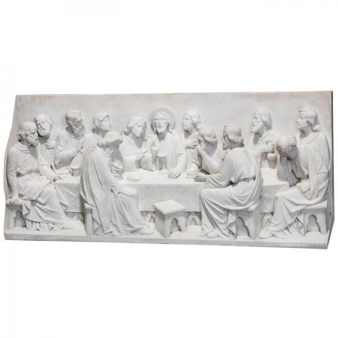 3-D Massive Italian Marble Sculpture Last Supper 600lbs: A large antique Italian figural alabaster or white marble plaque carved in extreme high relief, many 3-dimensional figures, offers sculptural depiction of Jesus Christ and his disciples in The Last Su